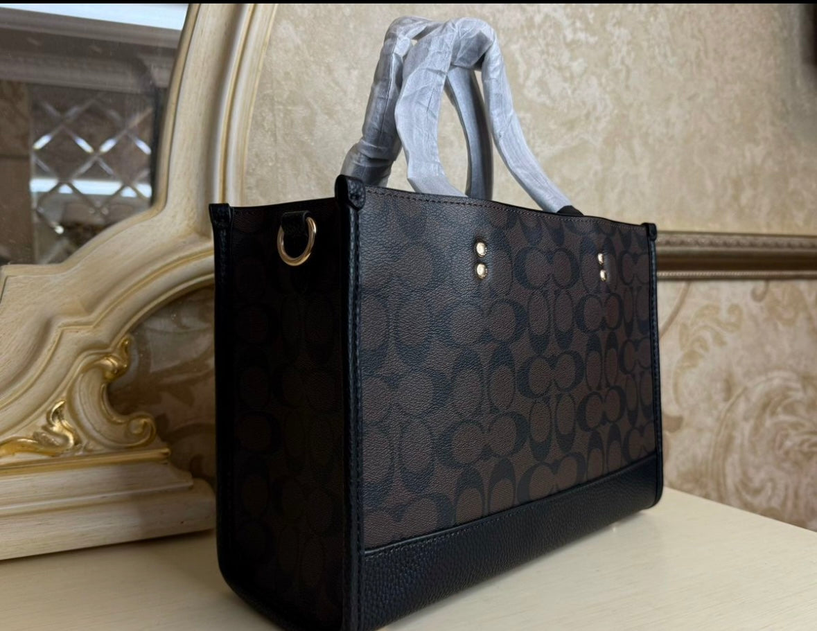 Heritage Structured Tote in Deep Espresso Pattern with Textured Black Accents