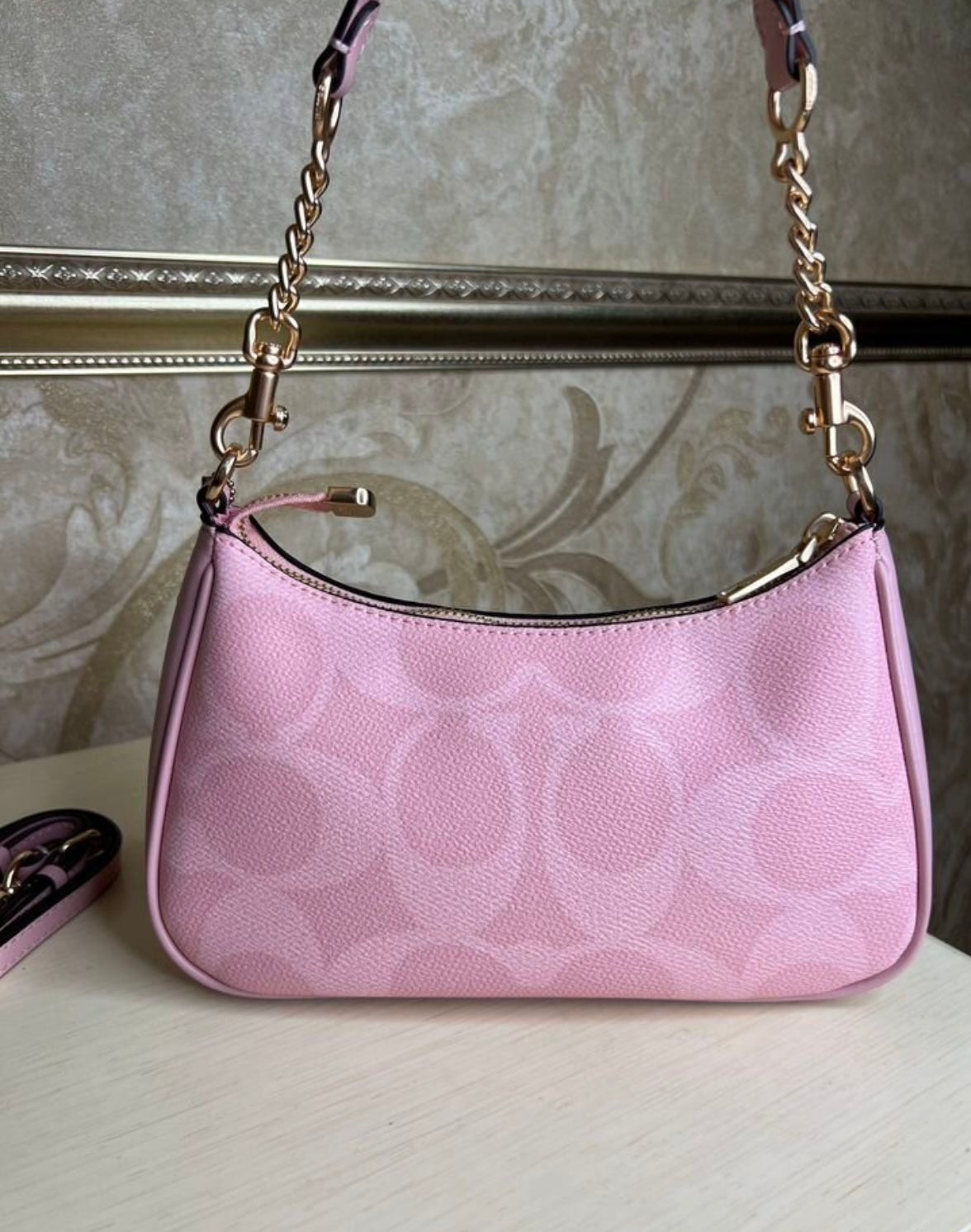 Heritage Mini Shoulder Bag in Soft Rose with Sculpted Chain Accent