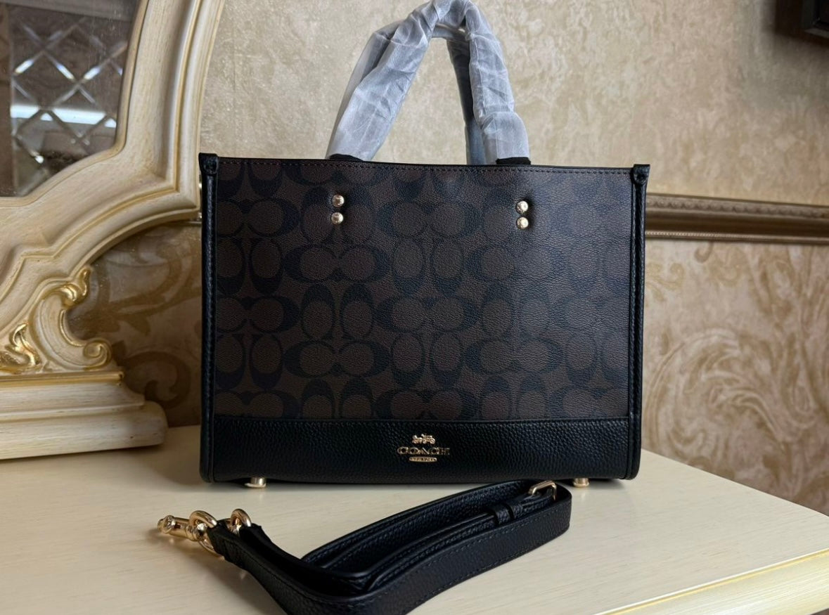 Heritage Structured Tote in Deep Espresso Pattern with Textured Black Accents