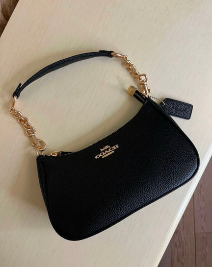 Heritage Mini Shoulder Bag in Midnight Black with Sculpted Gold Chain