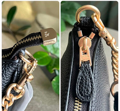 Teri Black Classic Shoulder Bag — Elegant Minimal Design with Gold Chain Details