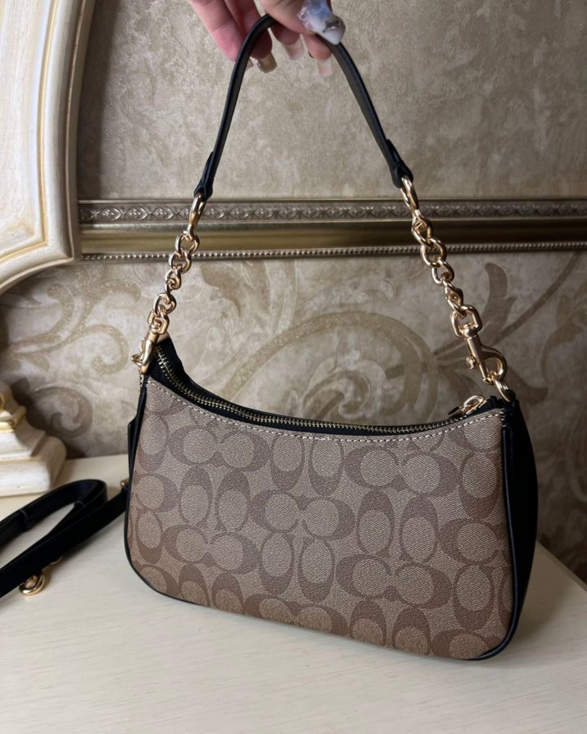 Heritage Mini Shoulder Bag in Classic Taupe with Sculpted Chain Handle
