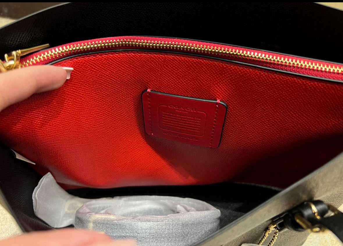 Heritage Tall Structured Tote in Deep Espresso Pattern with Black Trim Red Accent
