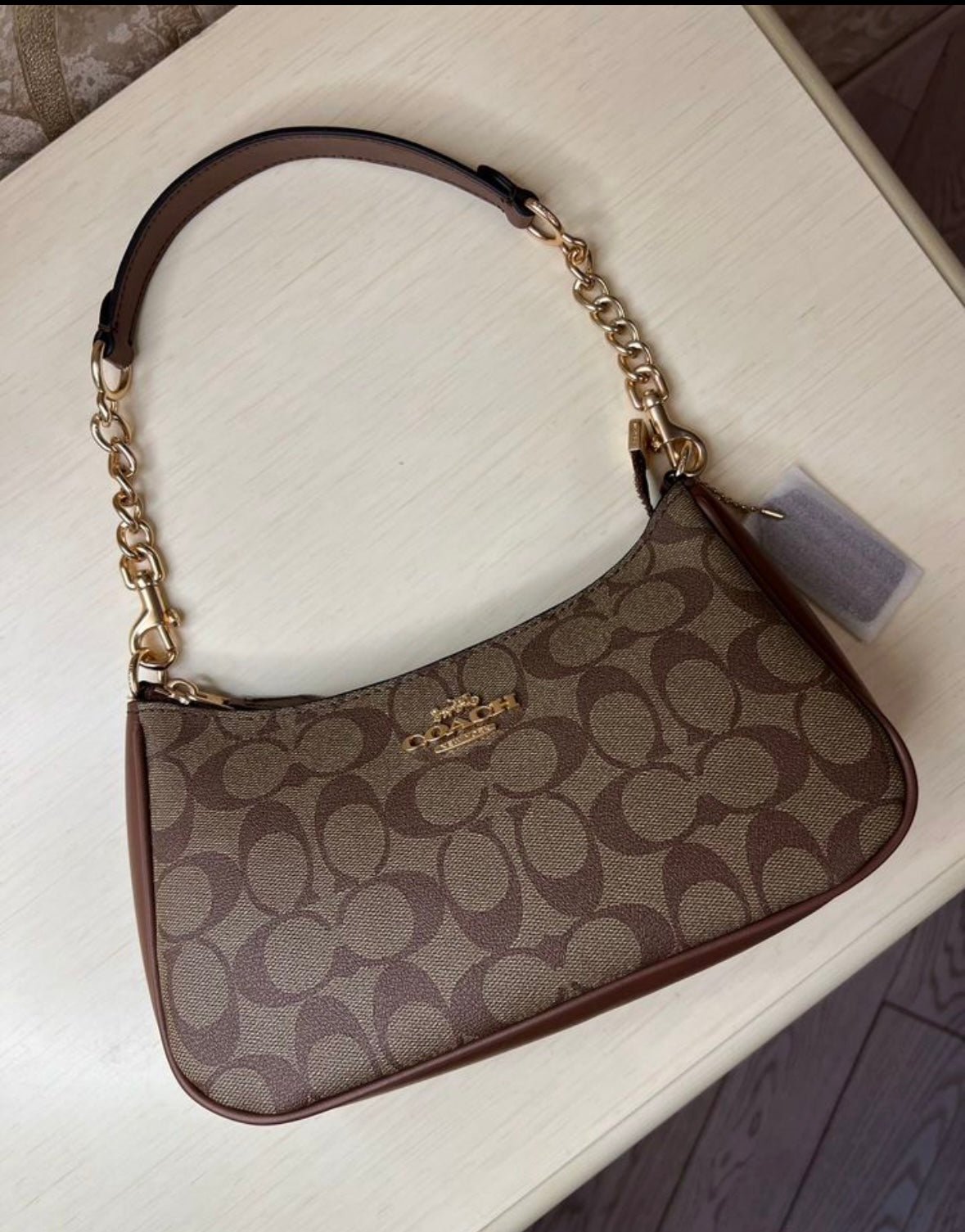 Heritage Mini Shoulder Bag in Classic Taupe with Sculpted Chain Handle