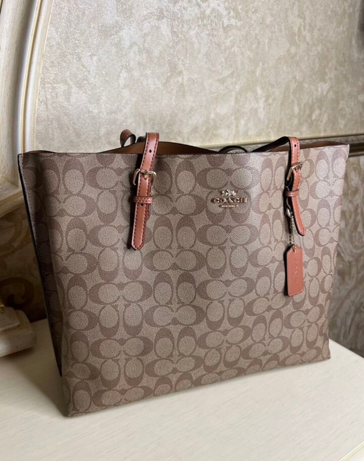 Heritage Tall Structured Tote in Warm Taupe Pattern with Refined Leather Straps
