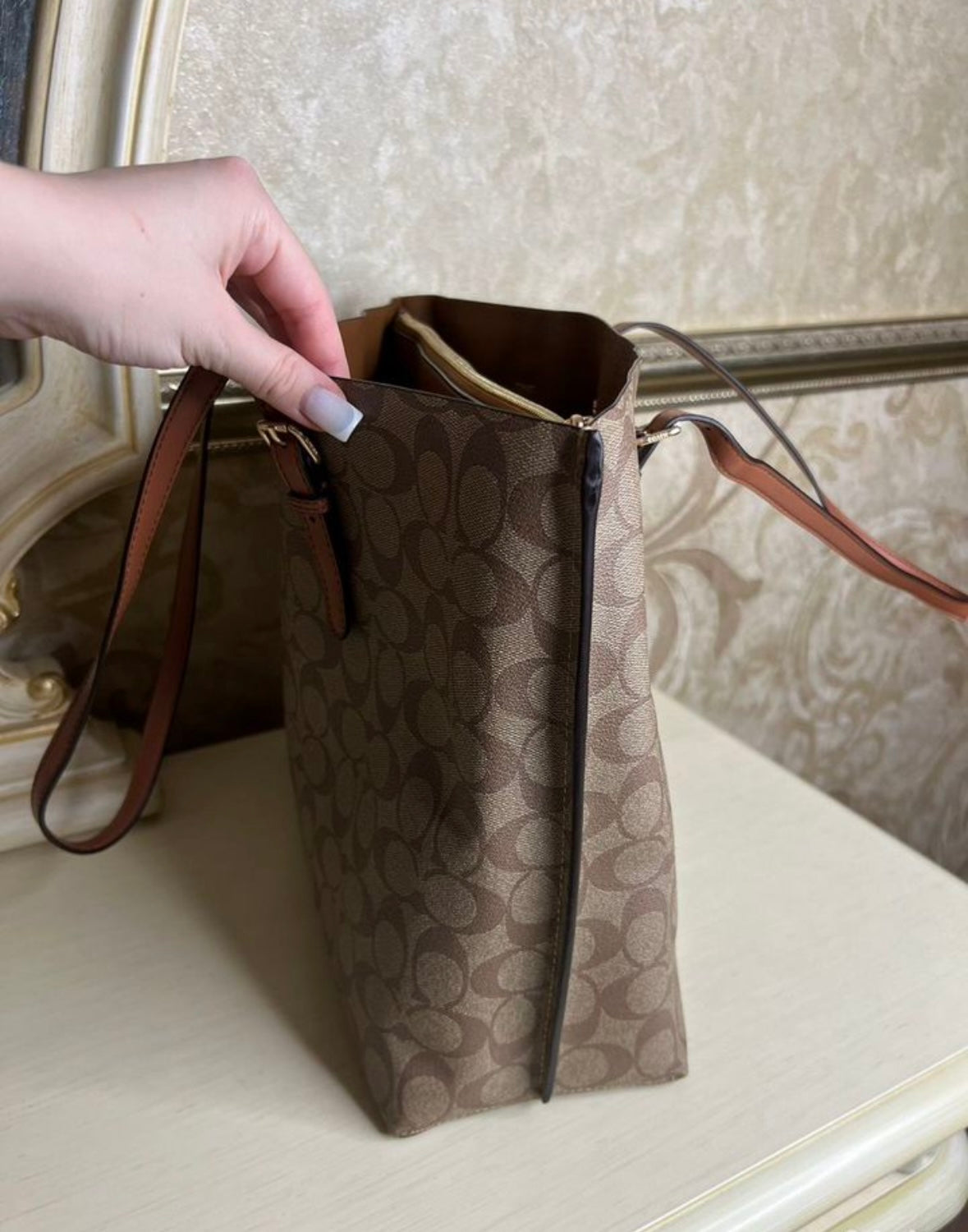 Heritage Tall Structured Tote in Warm Taupe Pattern with Refined Leather Straps