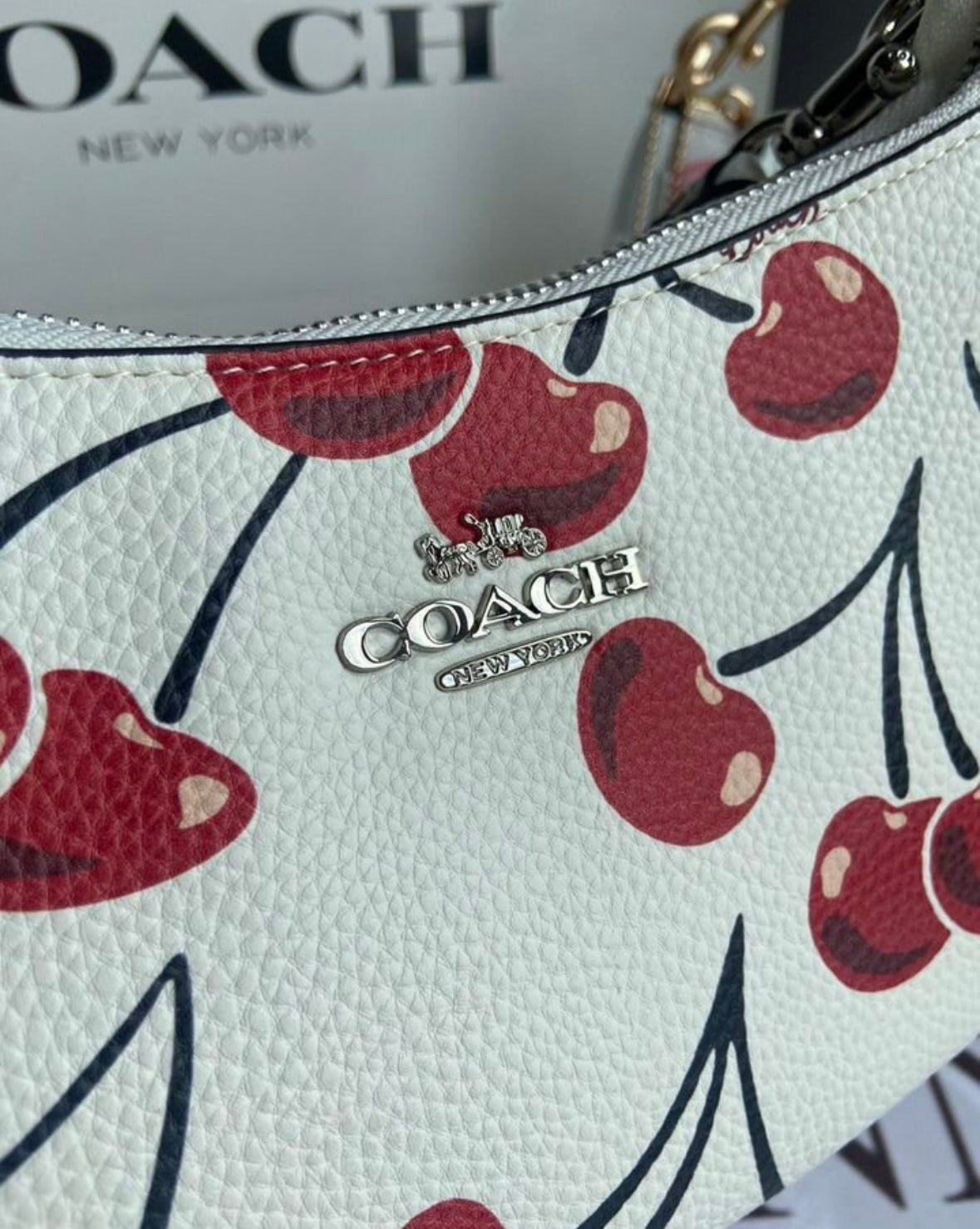 Teri Cherry White Shoulder Bag — Soft Signature Design with Playful Red Cherry Print