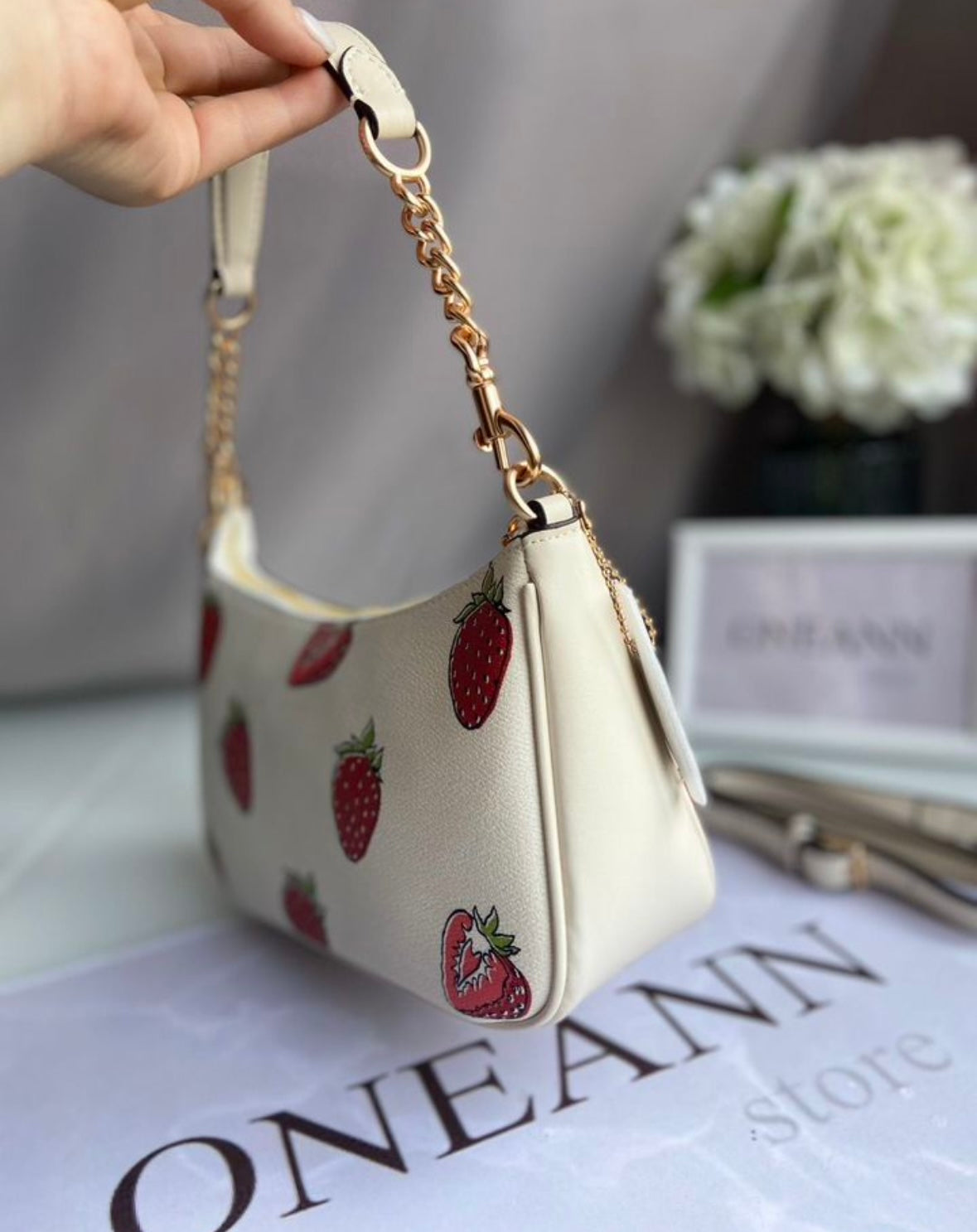 Teri Strawberry Dream Bag — Soft Cream Design with Gold Chain Details