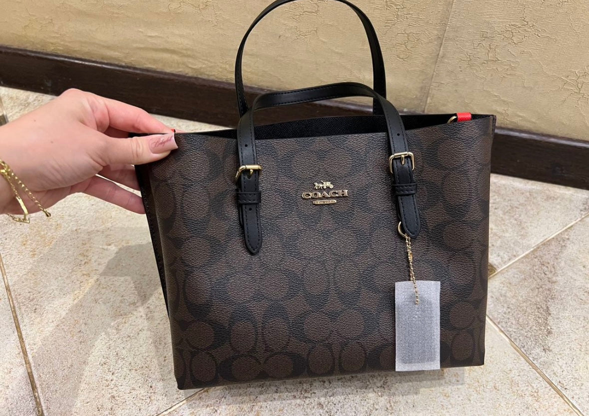 Heritage Tall Structured Tote in Deep Espresso Pattern with Black Trim Red Accent
