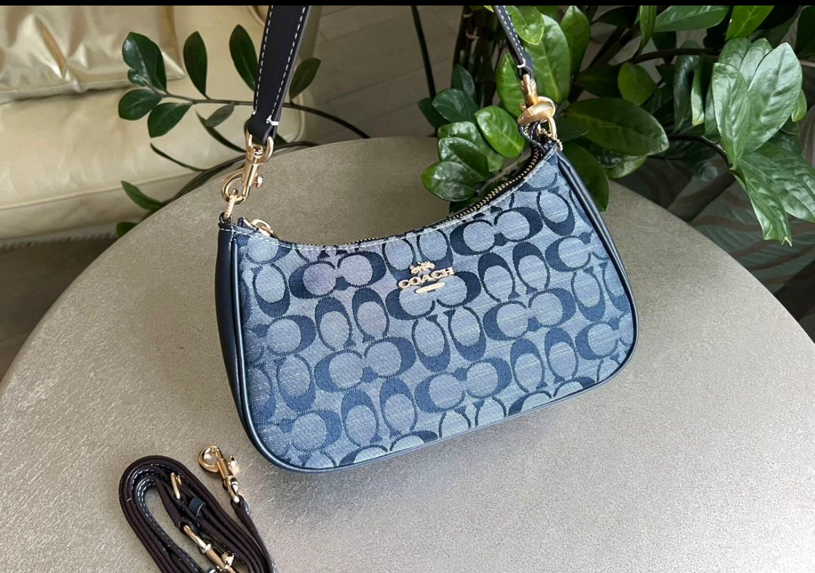 Teri — Soft Blue Signature Shoulder Bag with Gold Accents