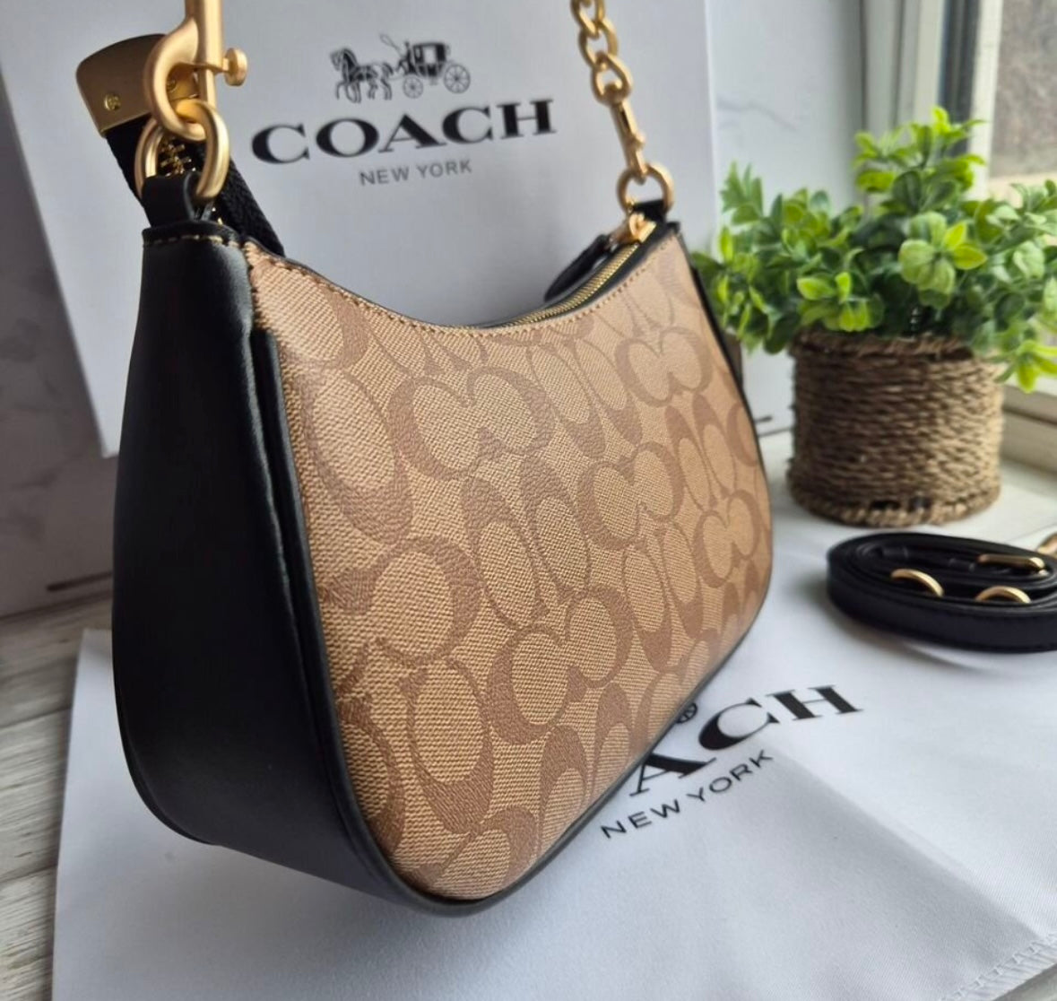 Teri Shoulder Bag — Elegant Signature Canvas in Tan with Gold Accents