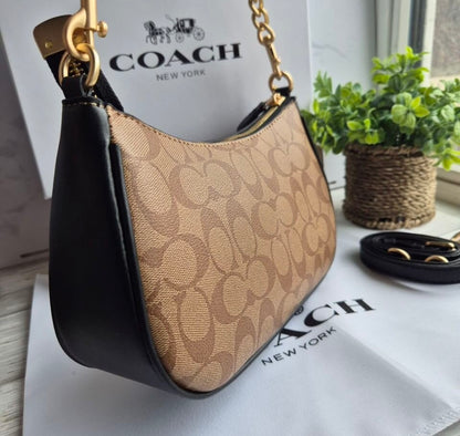 Teri Shoulder Bag — Elegant Signature Canvas in Tan with Gold Accents