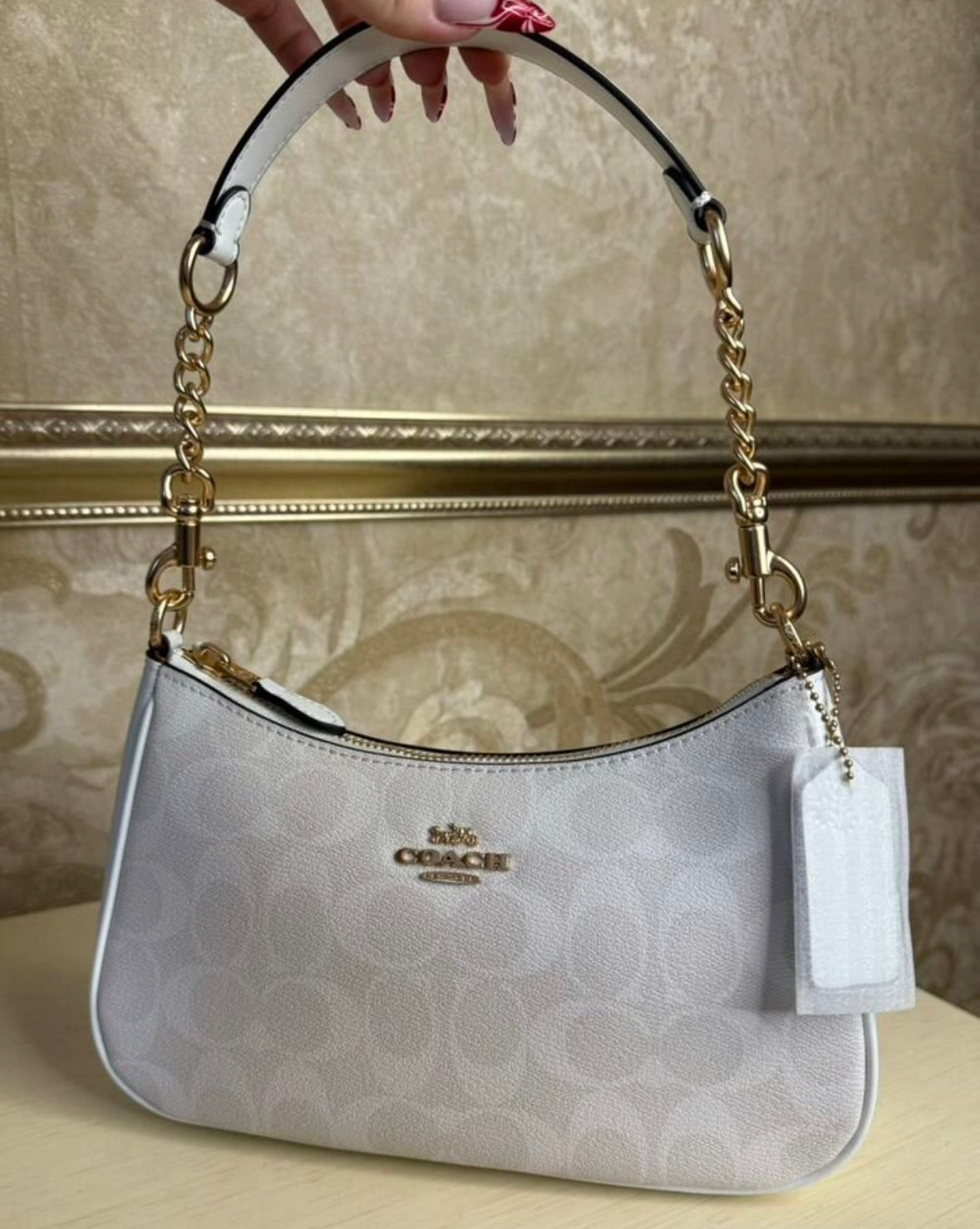 Heritage Mini Shoulder Bag in Frosted Ivory with Sculpted Gold-Tone Chain