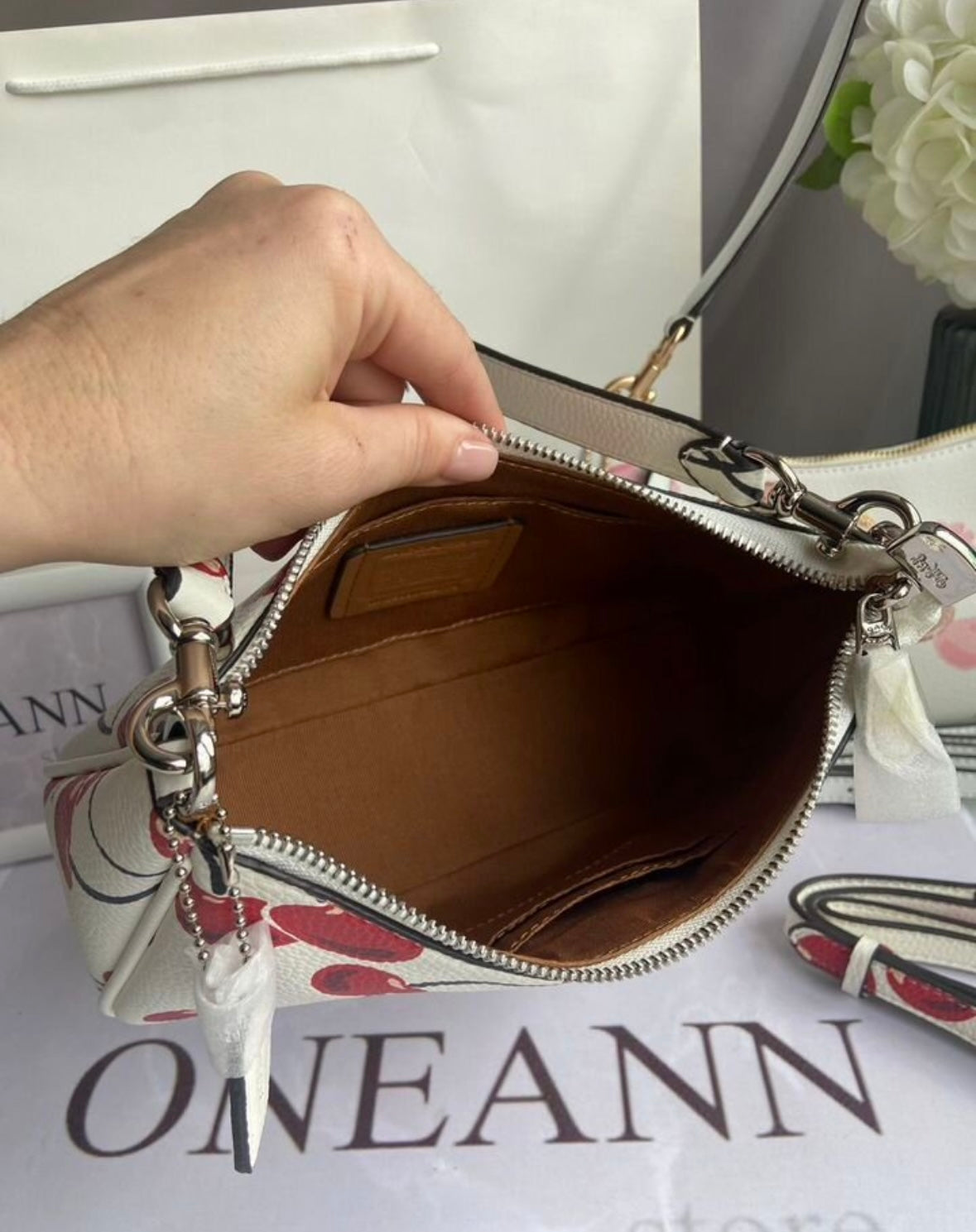 Teri Cherry White Shoulder Bag — Soft Signature Design with Playful Red Cherry Print