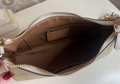 Heritage Mini Shoulder Bag in Soft Sand with Sculpted Gold Chain Contrast Textures