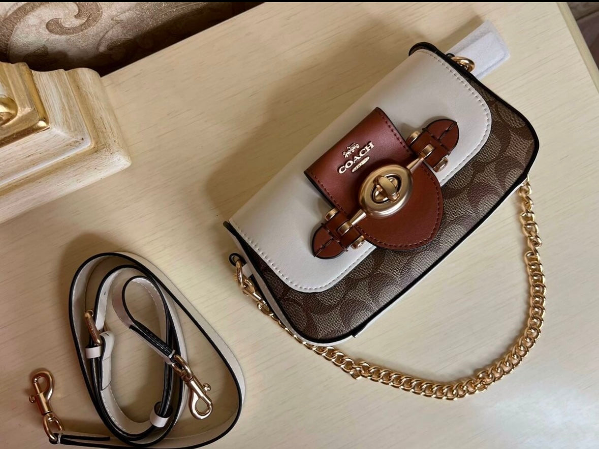 Heritage Mini Chain Shoulder Bag in Ivory  Chestnut with Sculpted Buckle Detail