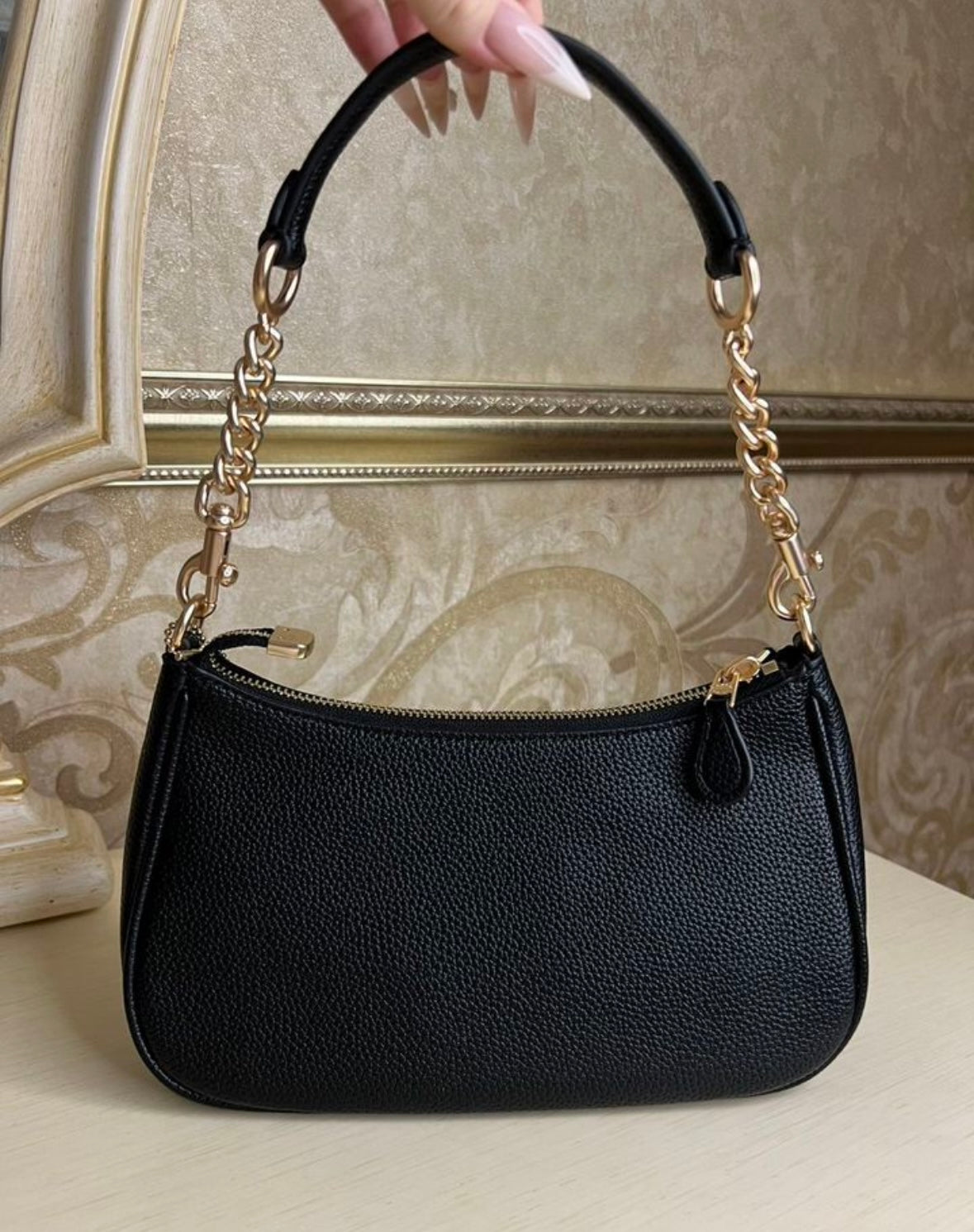 Heritage Mini Shoulder Bag in Midnight Black with Sculpted Gold Chain