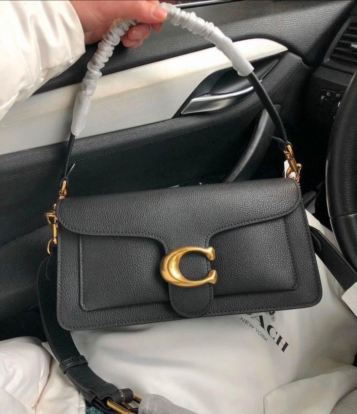Heritage Structured Shoulder Bag in Deep Noir with Sculpted Gold Emblem