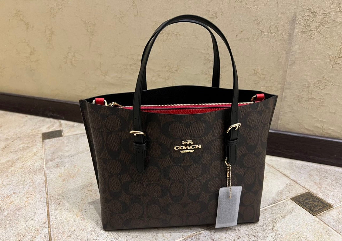 Heritage Tall Structured Tote in Deep Espresso Pattern with Black Trim Red Accent