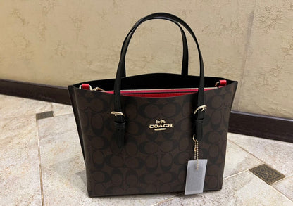 Heritage Tall Structured Tote in Deep Espresso Pattern with Black Trim Red Accent