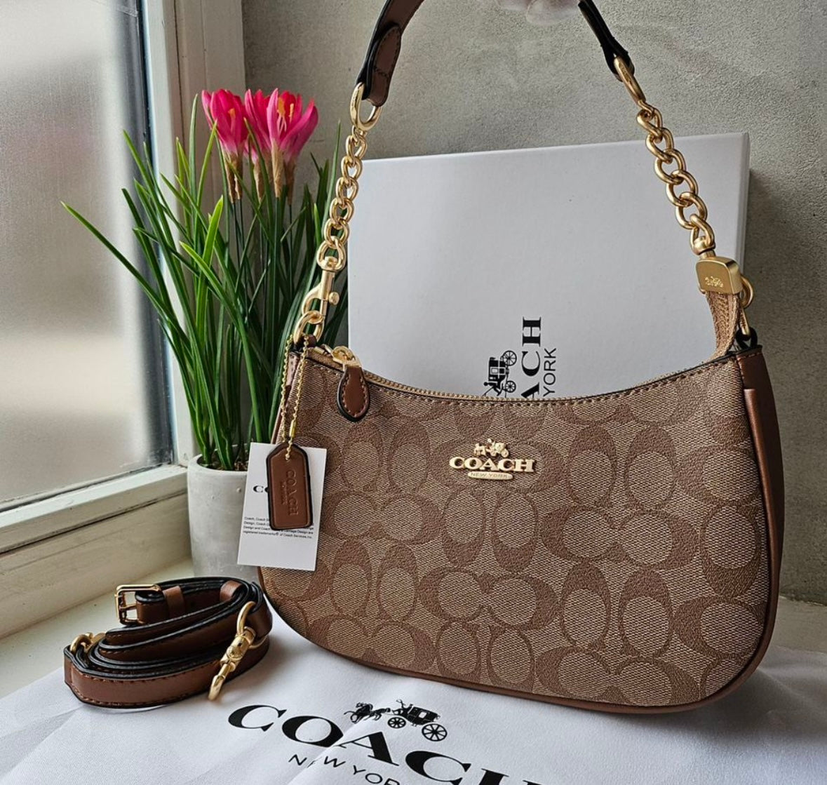 Teri Shoulder Bag — Signature Leather with Rich Tan Leather and Gold Accents
