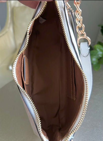 Teri — Soft White Shoulder Bag with Gold Chain Accents