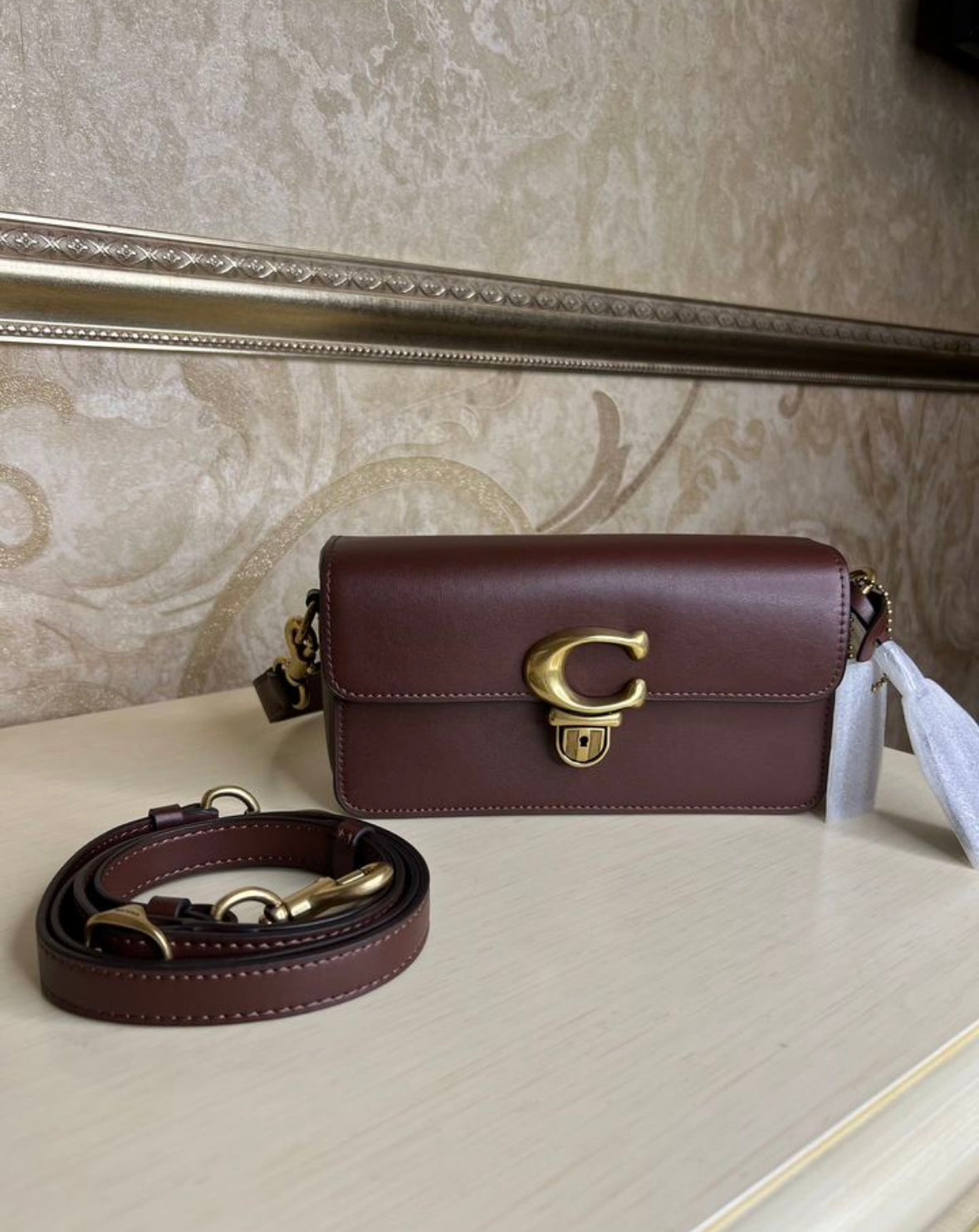Heritage Compact Shoulder Bag in Classic Chestnut with Sculpted Gold Emblem