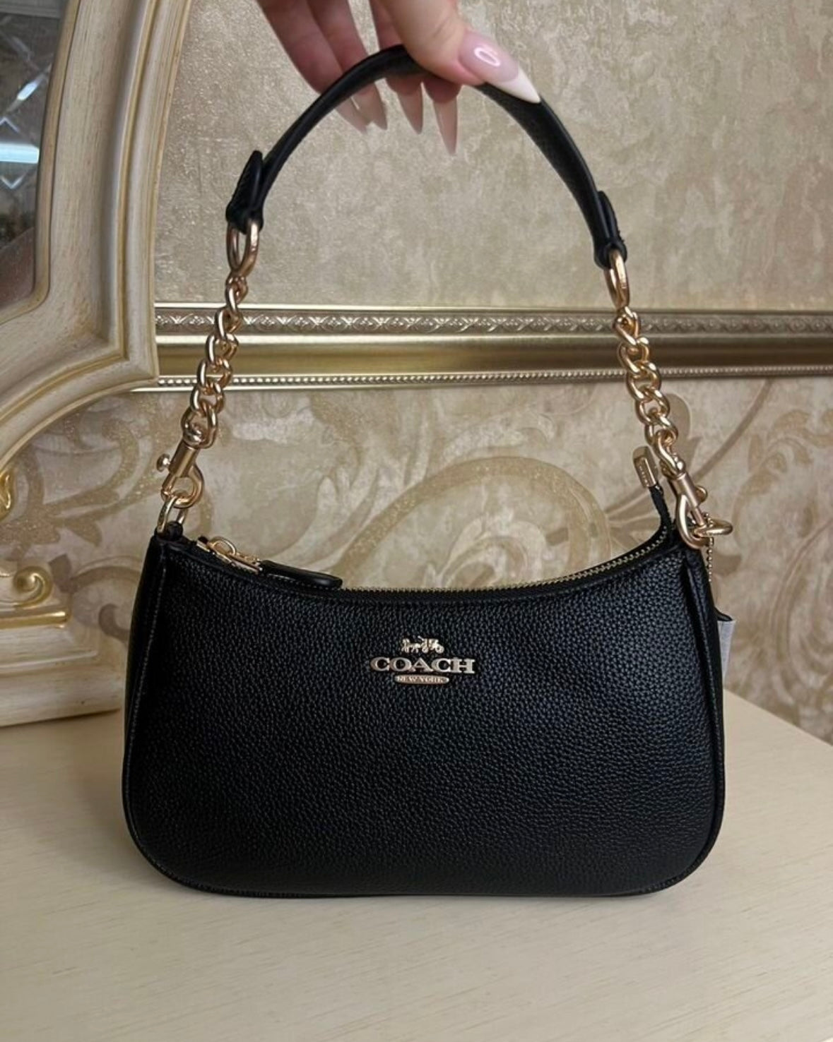 Heritage Mini Shoulder Bag in Midnight Black with Sculpted Gold Chain