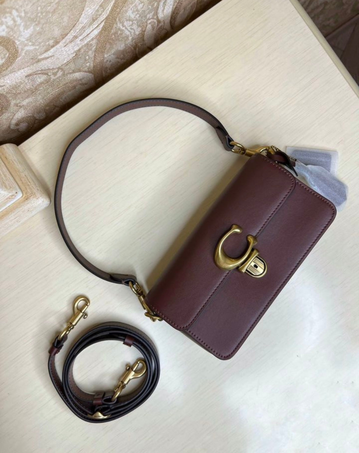 Heritage Compact Shoulder Bag in Classic Chestnut with Sculpted Gold Emblem
