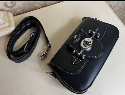Heritage Mini Chain Shoulder Bag in Obsidian Black with Sculpted Buckle Detail