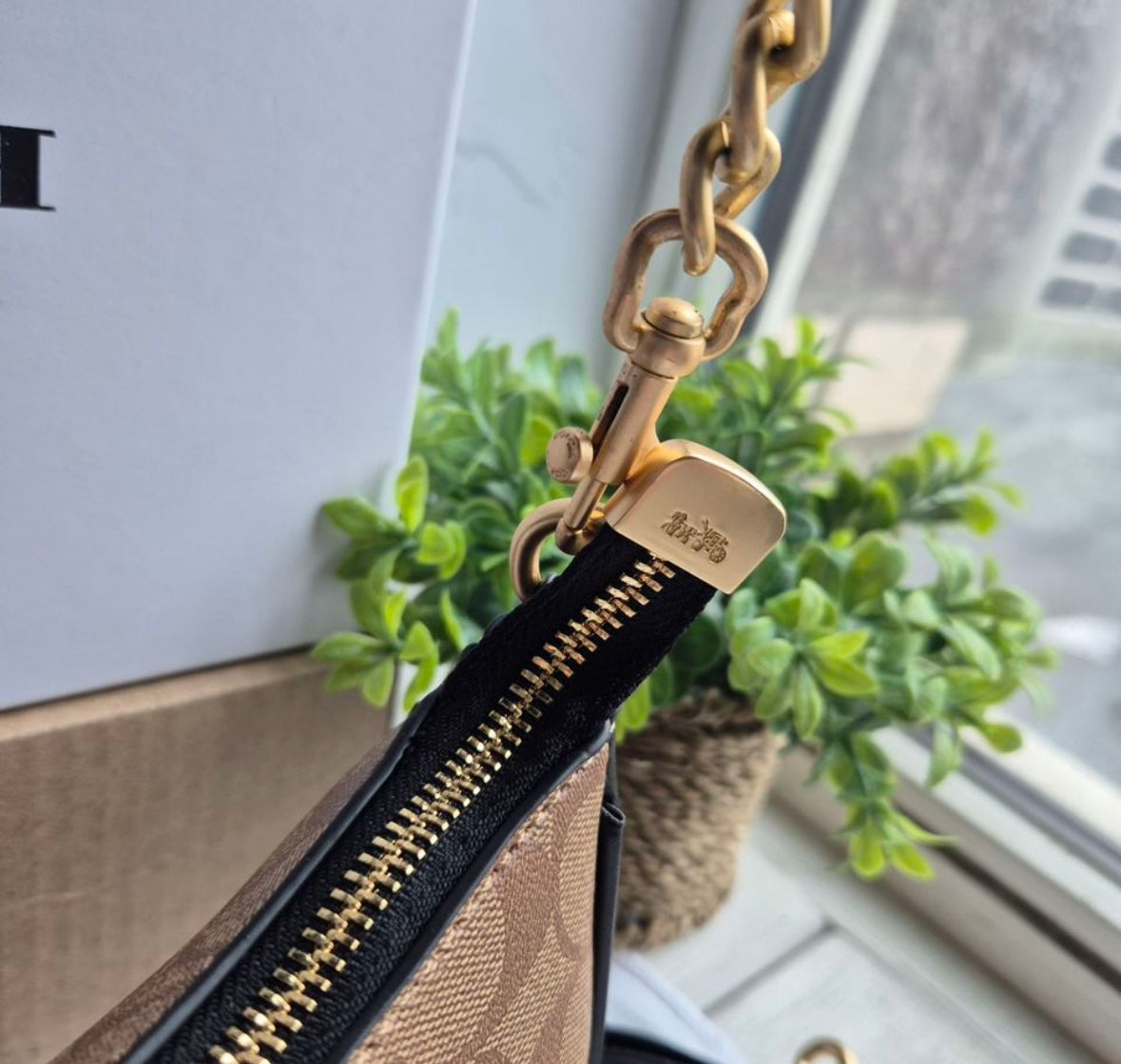 Teri Shoulder Bag — Elegant Signature Canvas in Tan with Gold Accents