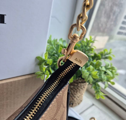 Teri Shoulder Bag — Elegant Signature Canvas in Tan with Gold Accents