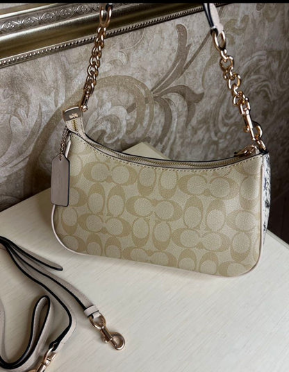 Heritage Mini Shoulder Bag in Soft Sand with Sculpted Gold Chain Contrast Textures