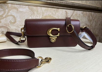 Heritage Compact Shoulder Bag in Classic Chestnut with Sculpted Gold Emblem