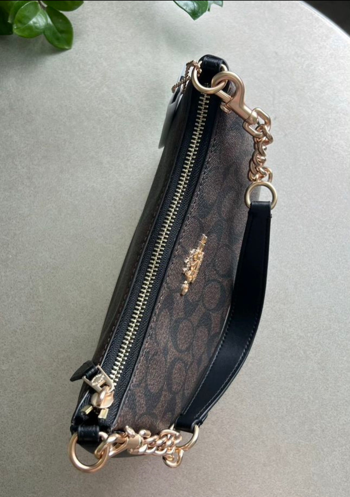 Teri — Elegant Grey Shoulder Bag with Signature Monogram Gold Chain Details