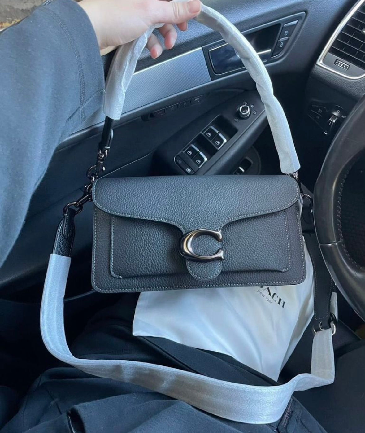 Heritage Compact Shoulder Bag in Charcoal Pebble with Sculpted Gunmetal Emblem