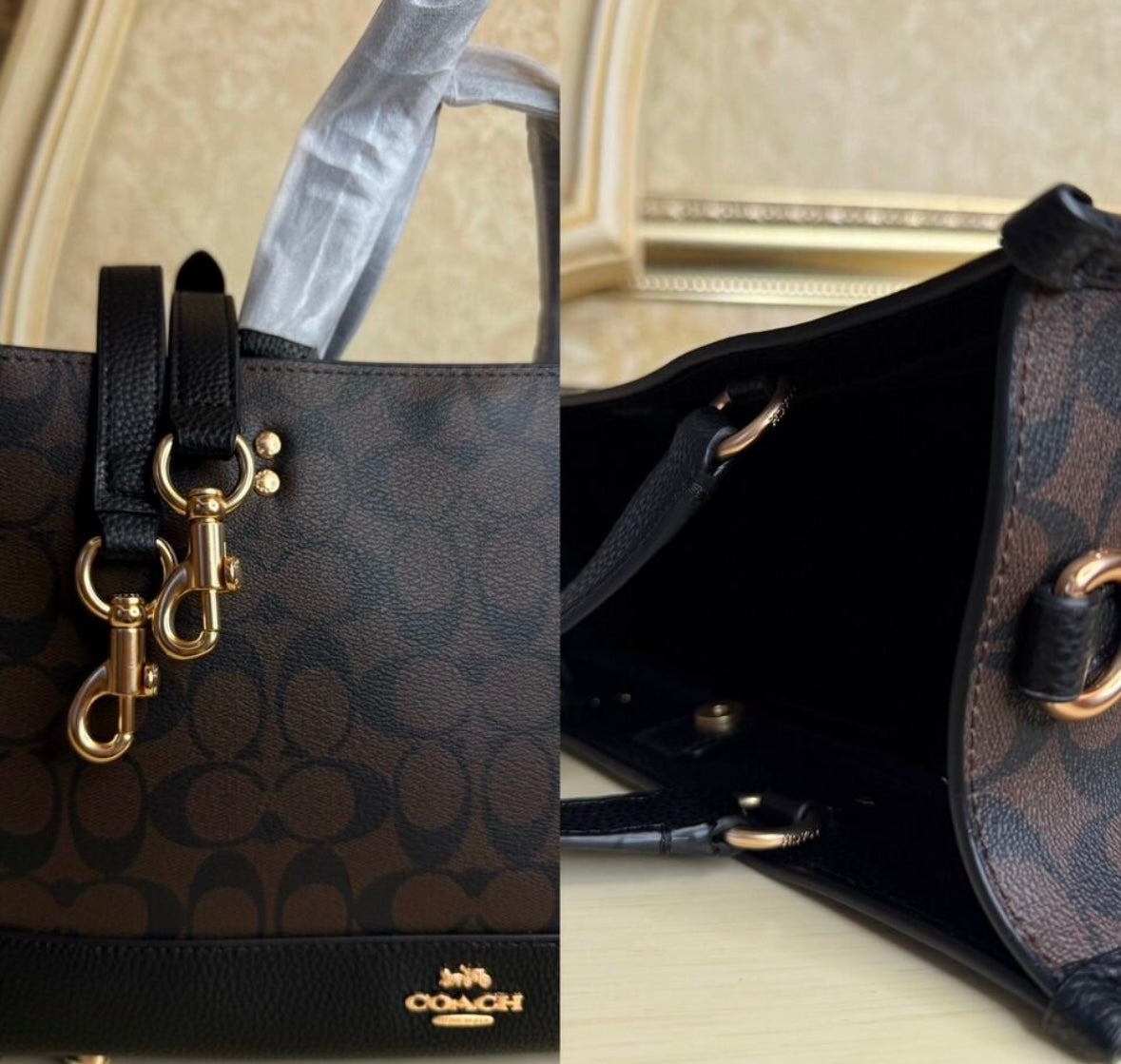Heritage Structured Tote in Deep Espresso Pattern with Textured Black Accents