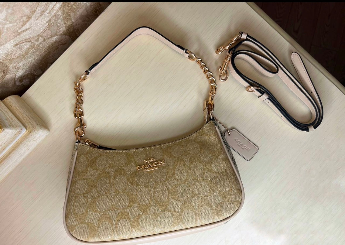 Heritage Mini Shoulder Bag in Soft Sand with Sculpted Gold Chain Contrast Textures