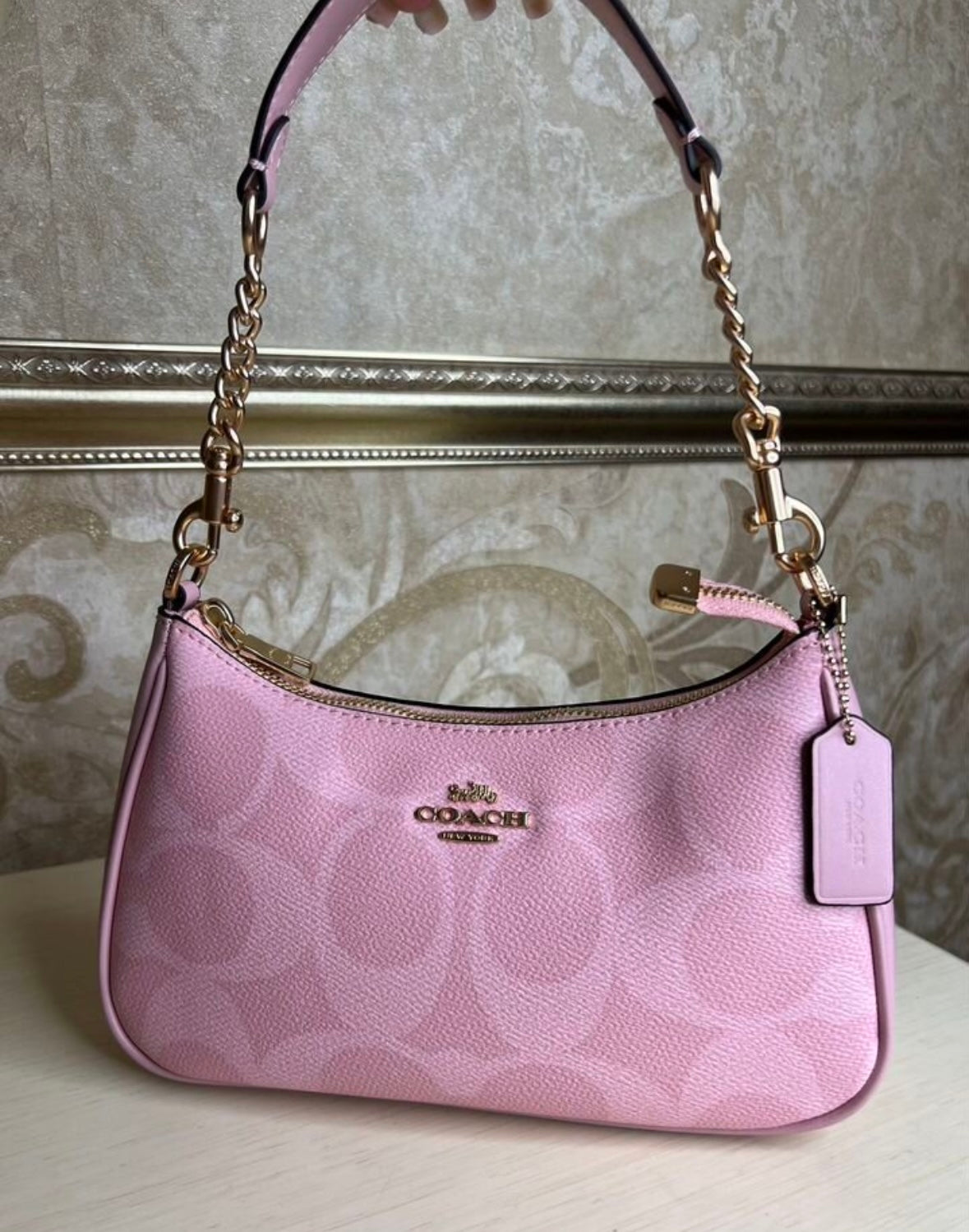Heritage Mini Shoulder Bag in Soft Rose with Sculpted Chain Accent