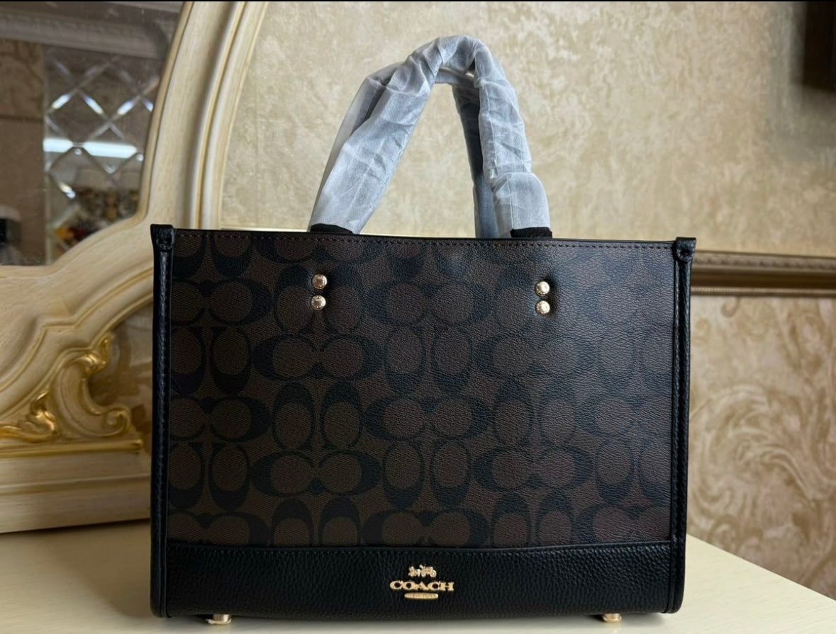 Heritage Structured Tote in Deep Espresso Pattern with Textured Black Accents