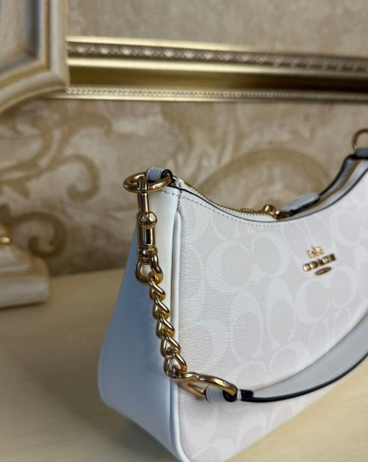 Heritage Mini Shoulder Bag in Frosted Ivory with Sculpted Gold-Tone Chain