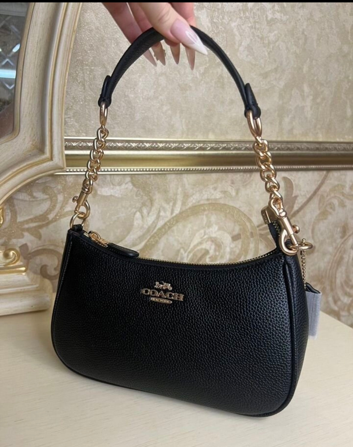 Heritage Mini Shoulder Bag in Midnight Black with Sculpted Gold Chain