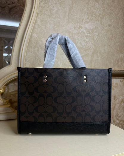 Heritage Structured Tote in Deep Espresso Pattern with Textured Black Accents