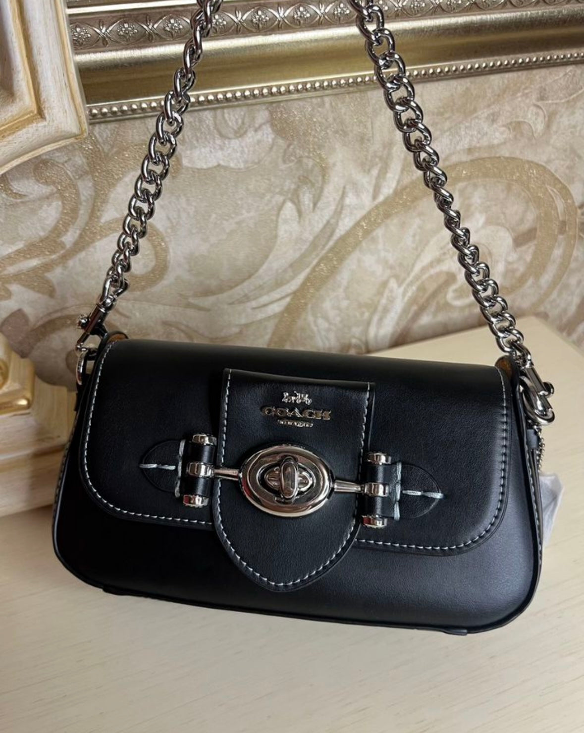 Heritage Mini Chain Shoulder Bag in Obsidian Black with Sculpted Buckle Detail