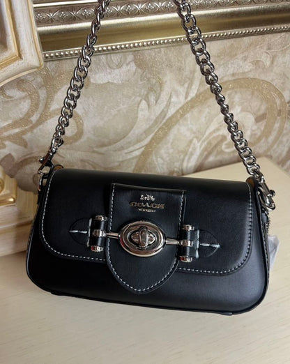 Heritage Mini Chain Shoulder Bag in Obsidian Black with Sculpted Buckle Detail