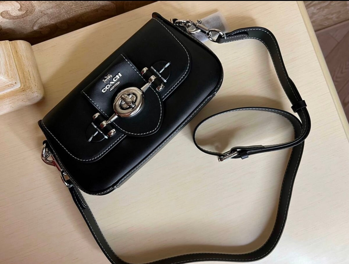 Heritage Mini Chain Shoulder Bag in Obsidian Black with Sculpted Buckle Detail