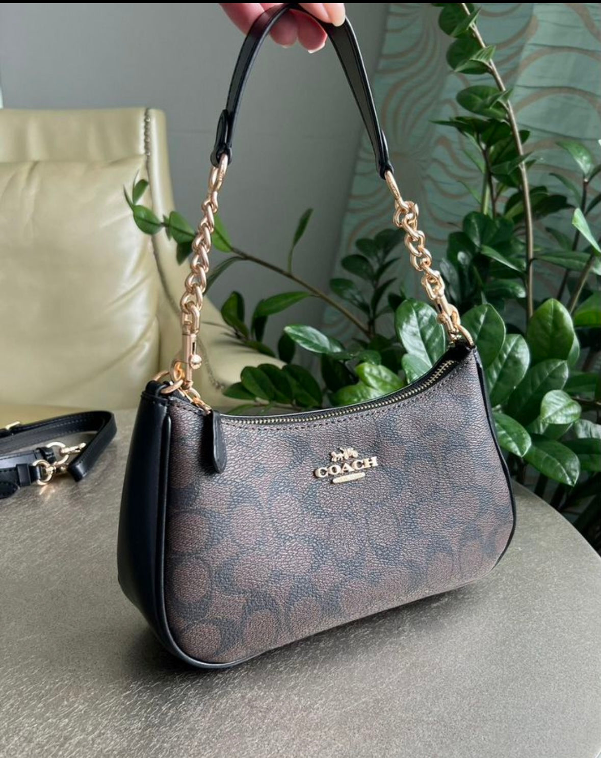 Teri — Elegant Grey Shoulder Bag with Signature Monogram Gold Chain Details