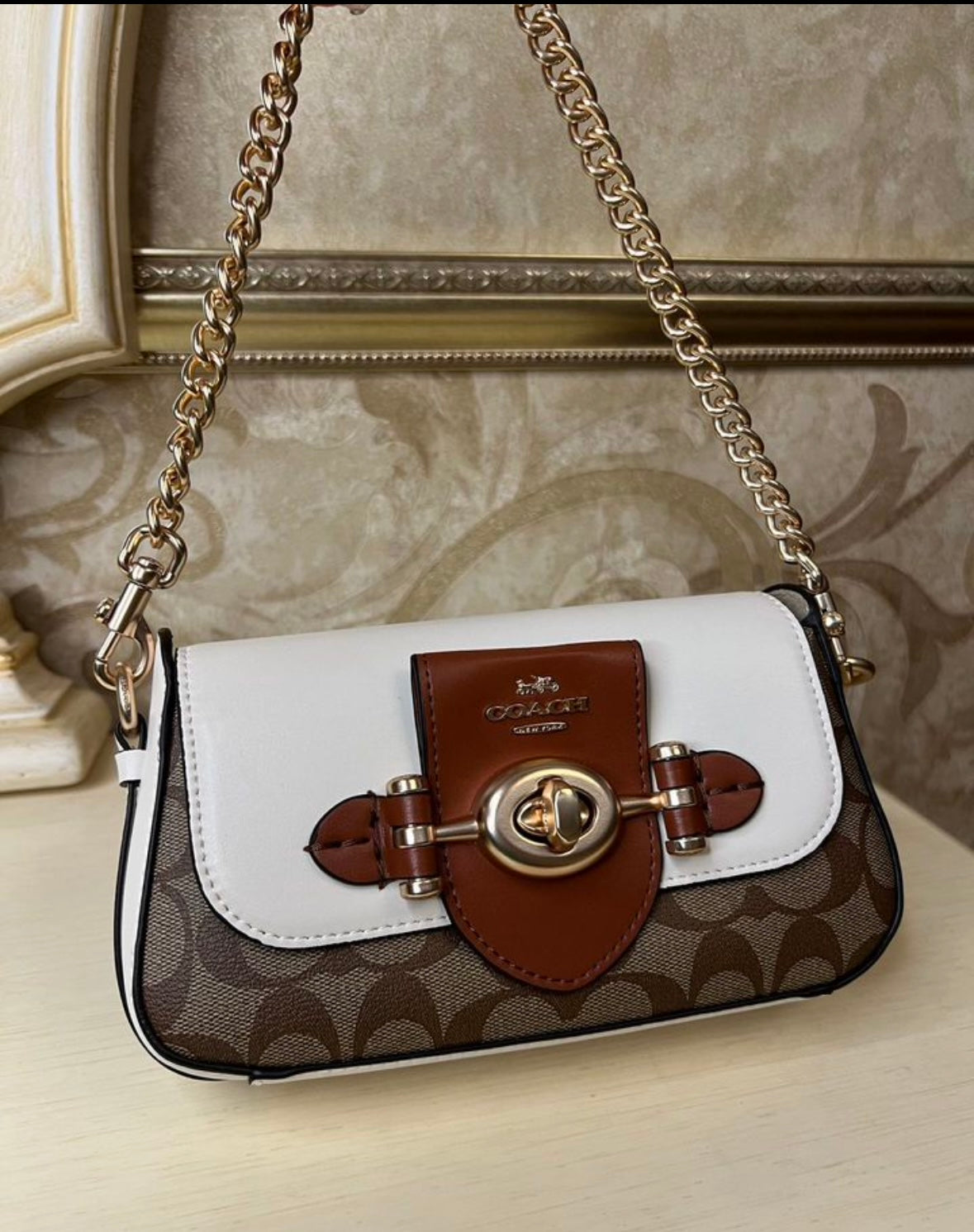 Heritage Mini Chain Shoulder Bag in Ivory  Chestnut with Sculpted Buckle Detail