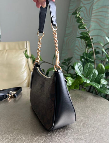 Teri — Elegant Grey Shoulder Bag with Signature Monogram Gold Chain Details