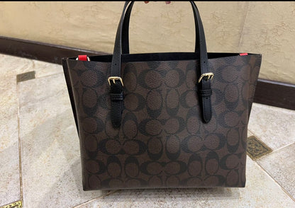 Heritage Tall Structured Tote in Deep Espresso Pattern with Black Trim Red Accent